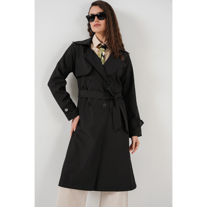 5918 Kruvaze Yaka Trençkot - Siyah