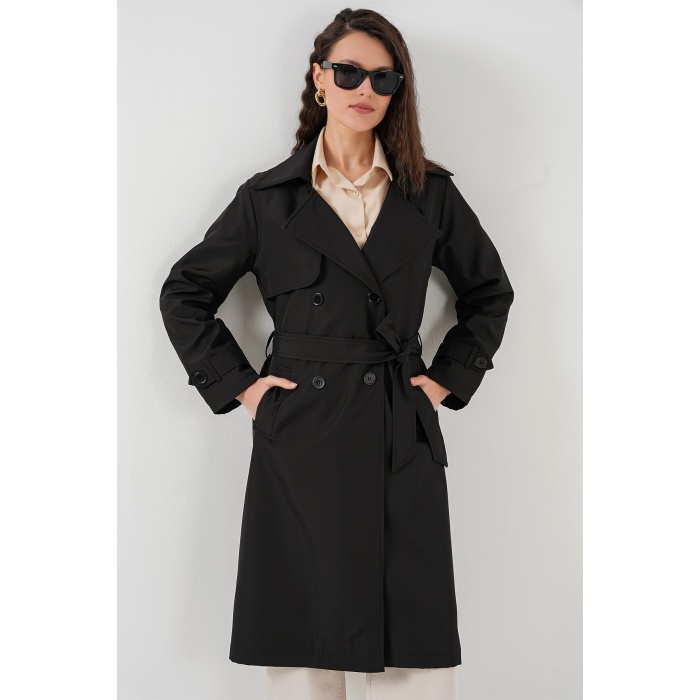 5918 Kruvaze Yaka Trençkot - Siyah
