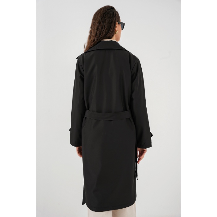 5918 Kruvaze Yaka Trençkot - Siyah