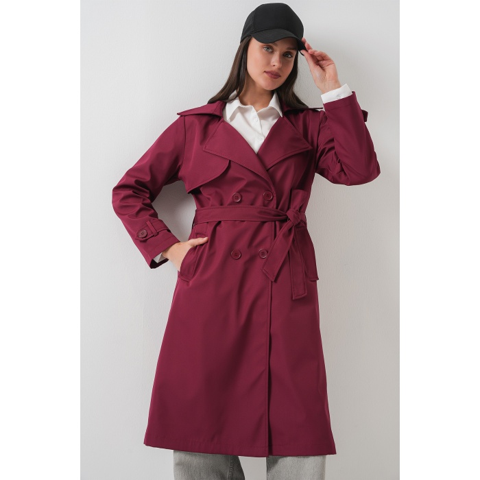 5918 Kruvaze Yaka Trençkot - Bordo