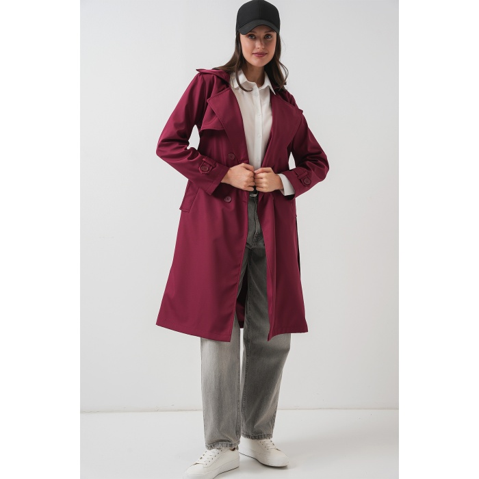 5918 Kruvaze Yaka Trençkot - Bordo
