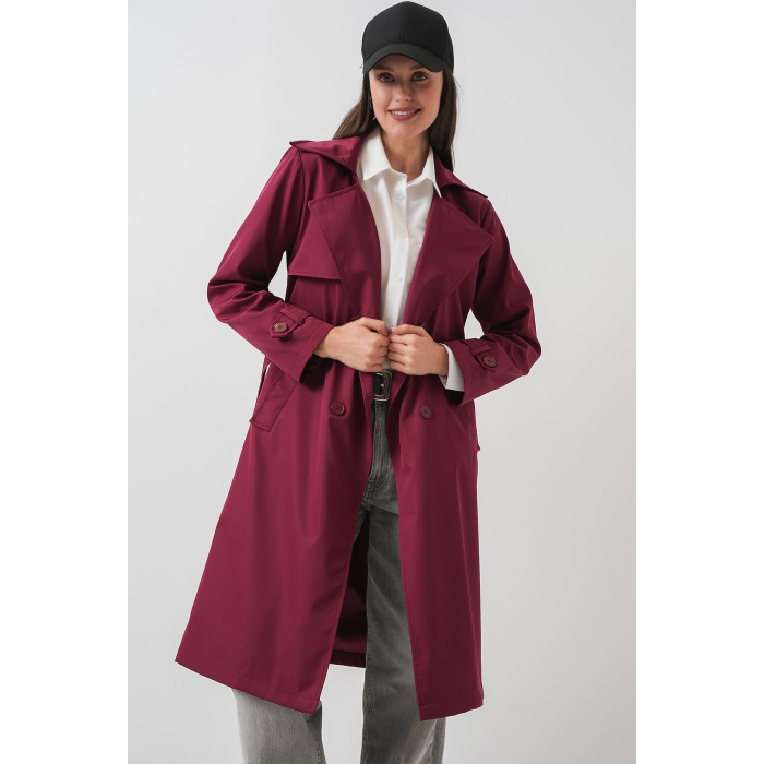 5918 Kruvaze Yaka Trençkot - Bordo