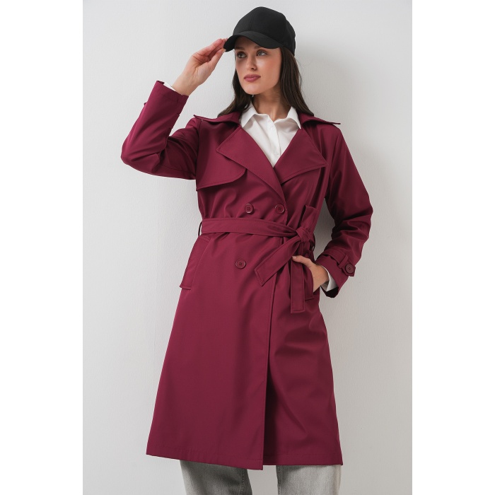 5918 Kruvaze Yaka Trençkot - Bordo