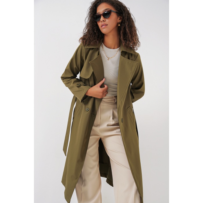 5918 Kruvaze Yaka Trençkot - Haki