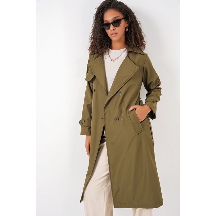 5918 Kruvaze Yaka Trençkot - Haki