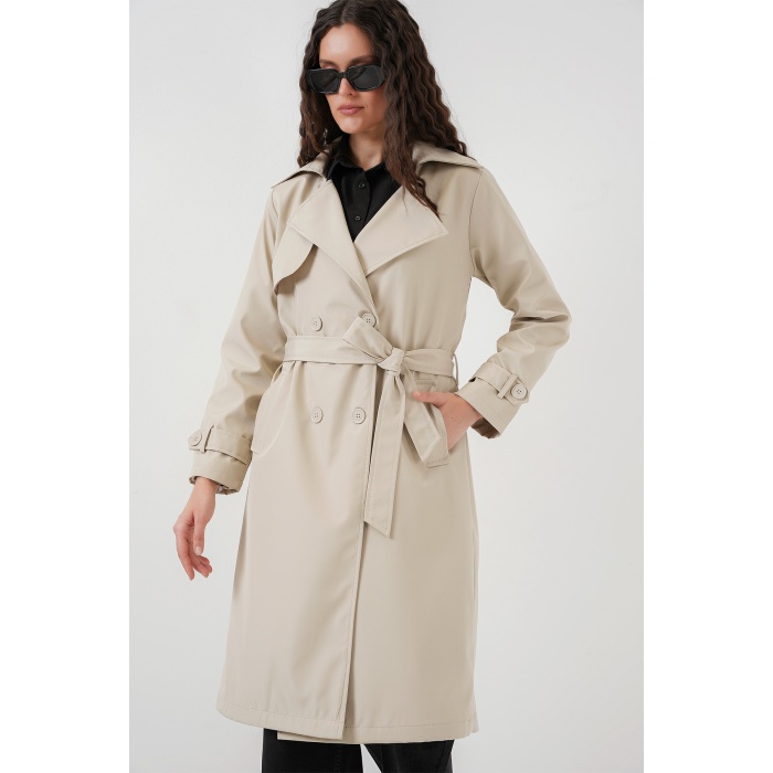 5918 Kruvaze Yaka Trençkot - Bej