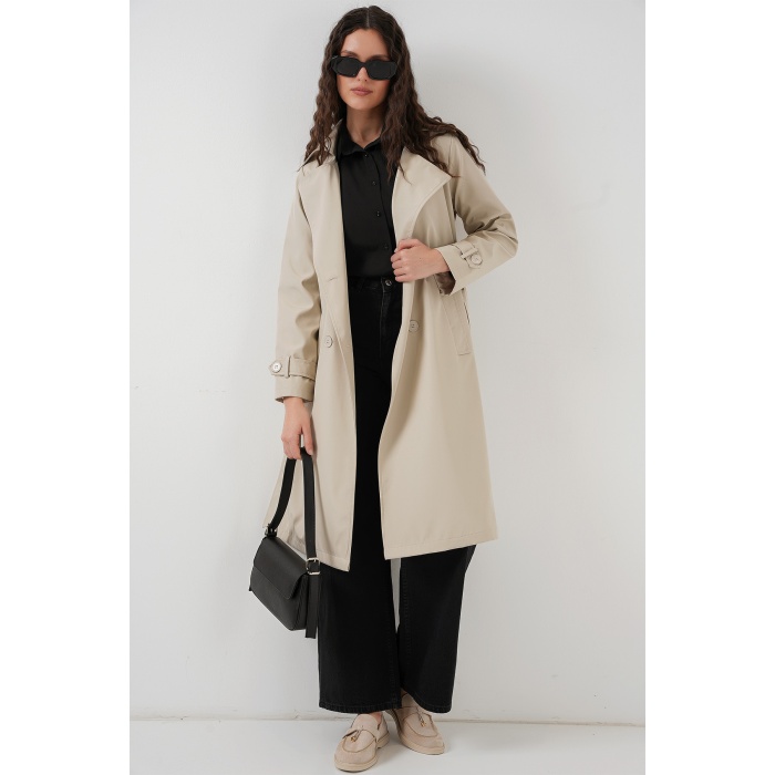 5918 Kruvaze Yaka Trençkot - Bej