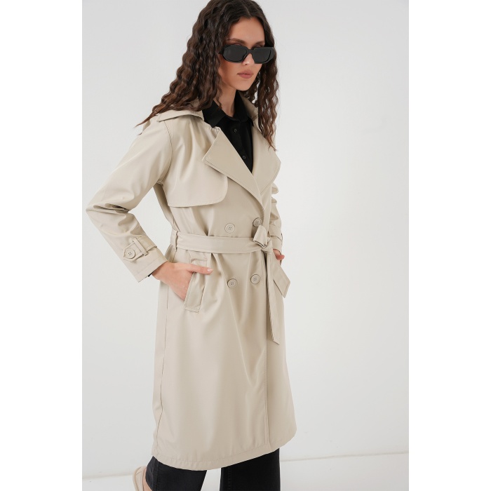 5918 Kruvaze Yaka Trençkot - Bej