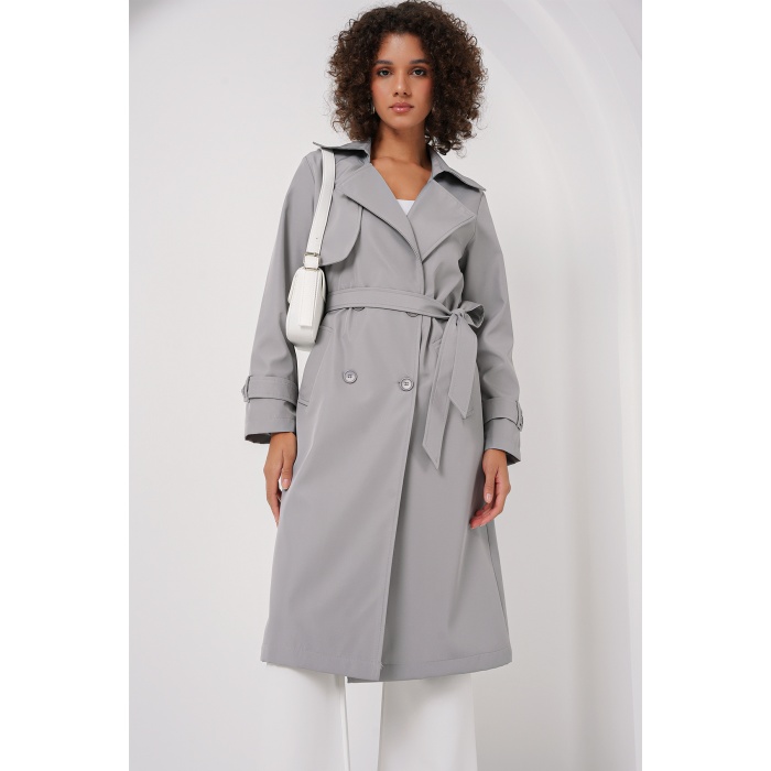 5918 Kruvaze Yaka Trençkot - Gri