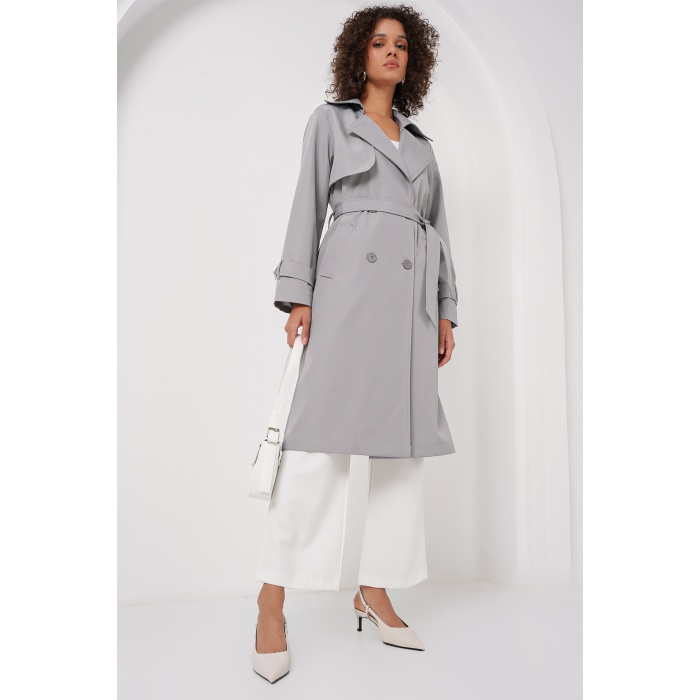 5918 Kruvaze Yaka Trençkot - Gri