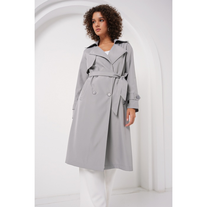 5918 Kruvaze Yaka Trençkot - Gri