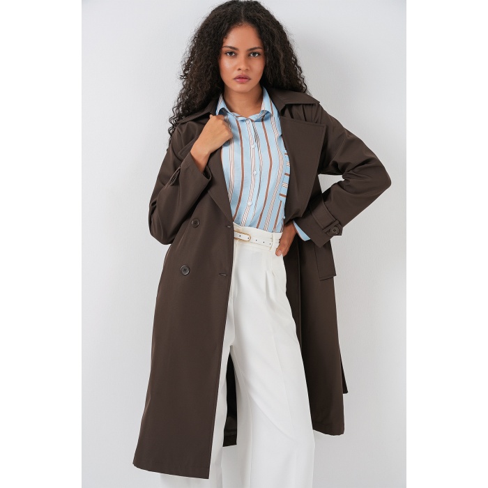 5918 Kruvaze Yaka Trençkot - C. Kahverengi