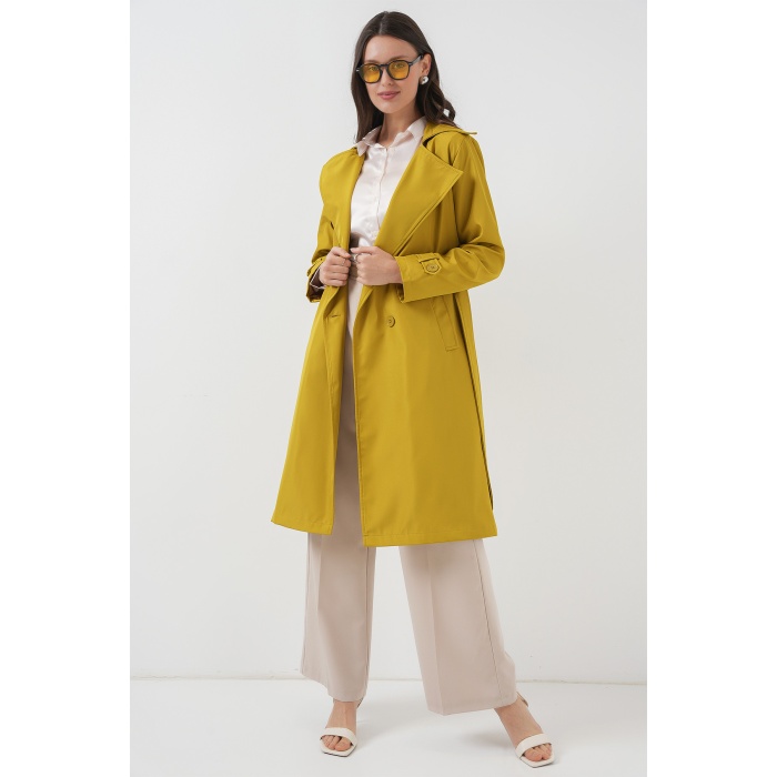 5918 Kruvaze Yaka Trençkot - Yağ Yeşil