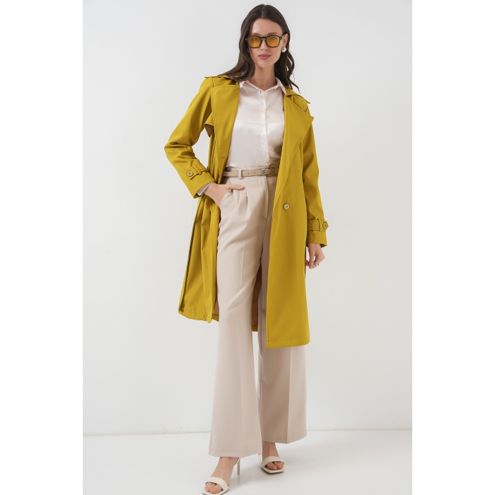 5918 Kruvaze Yaka Trençkot - Yağ Yeşil