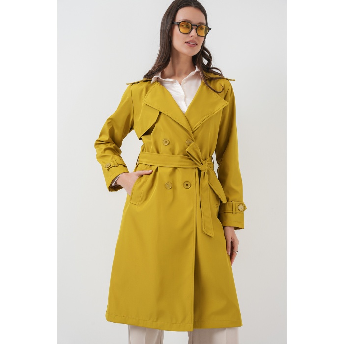 5918 Kruvaze Yaka Trençkot - Yağ Yeşil