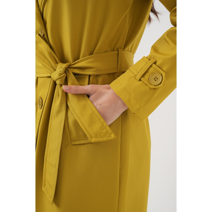 5918 Kruvaze Yaka Trençkot - Yağ Yeşil