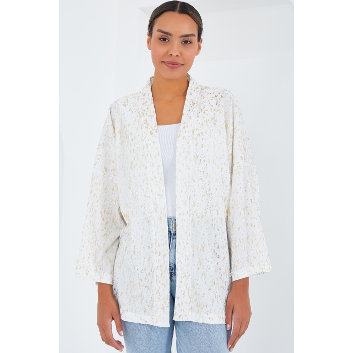 Kadın Ekru Varaklı Örme Kimono 5925