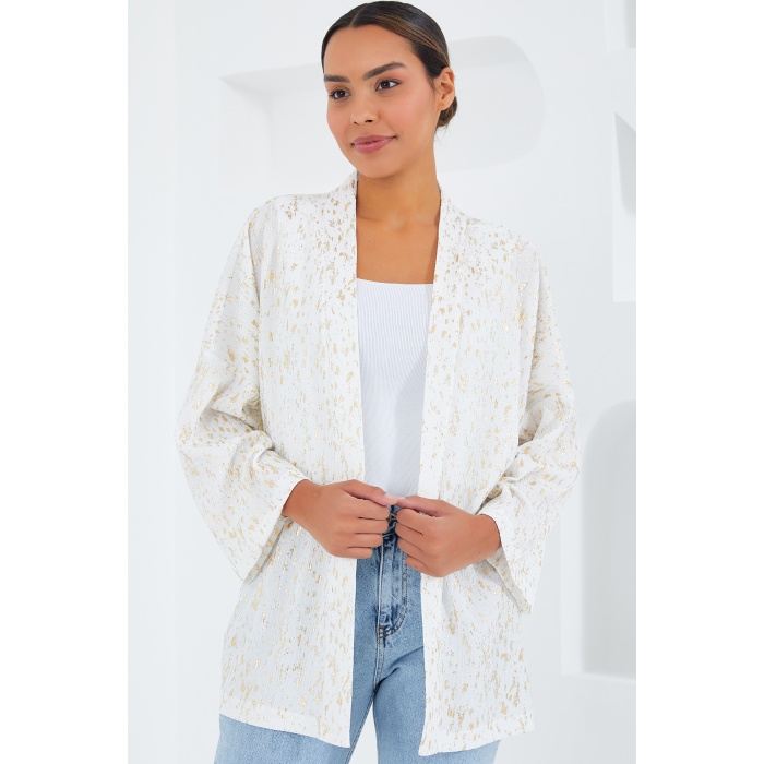 Kadın Ekru Varaklı Örme Kimono 5925