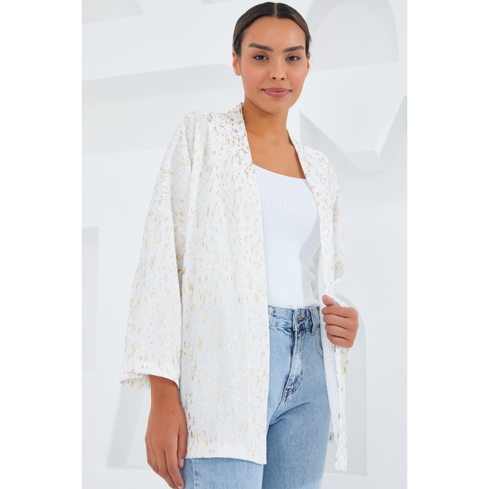 Kadın Ekru Varaklı Örme Kimono 5925