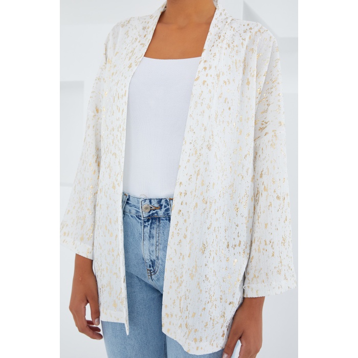 Kadın Ekru Varaklı Örme Kimono 5925