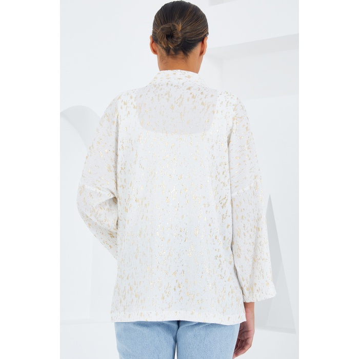 Kadın Ekru Varaklı Örme Kimono 5925