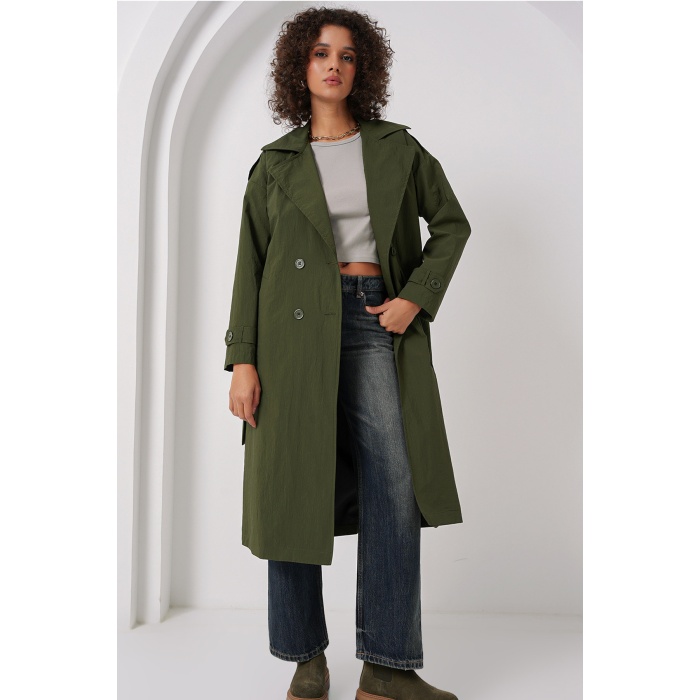 5936 Kruvaze Yaka Trençkot - Haki