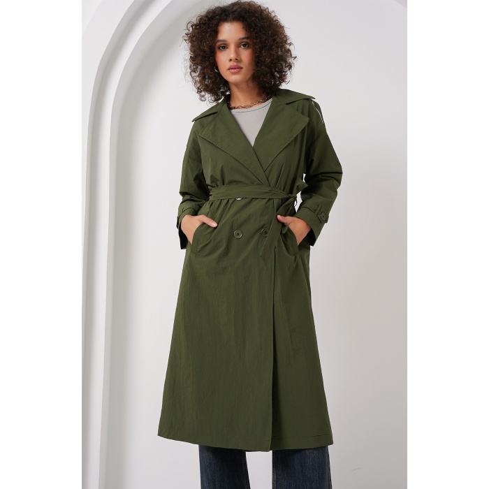 5936 Kruvaze Yaka Trençkot - Haki