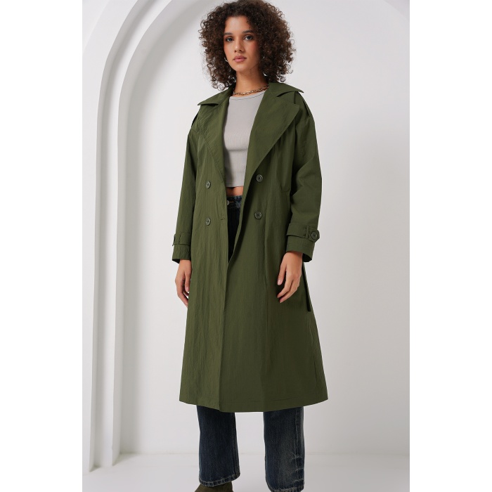 5936 Kruvaze Yaka Trençkot - Haki