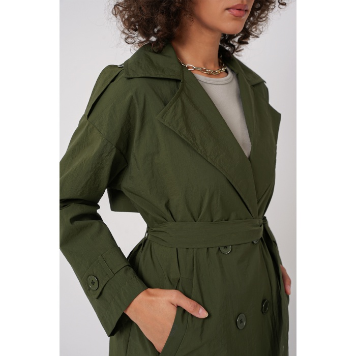 5936 Kruvaze Yaka Trençkot - Haki