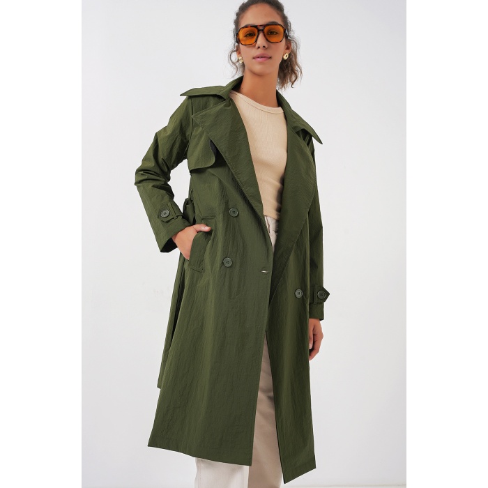 5938 Kruvaze Yaka Trençkot - Haki