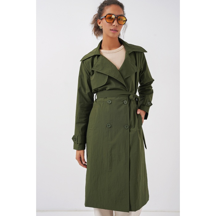 5938 Kruvaze Yaka Trençkot - Haki