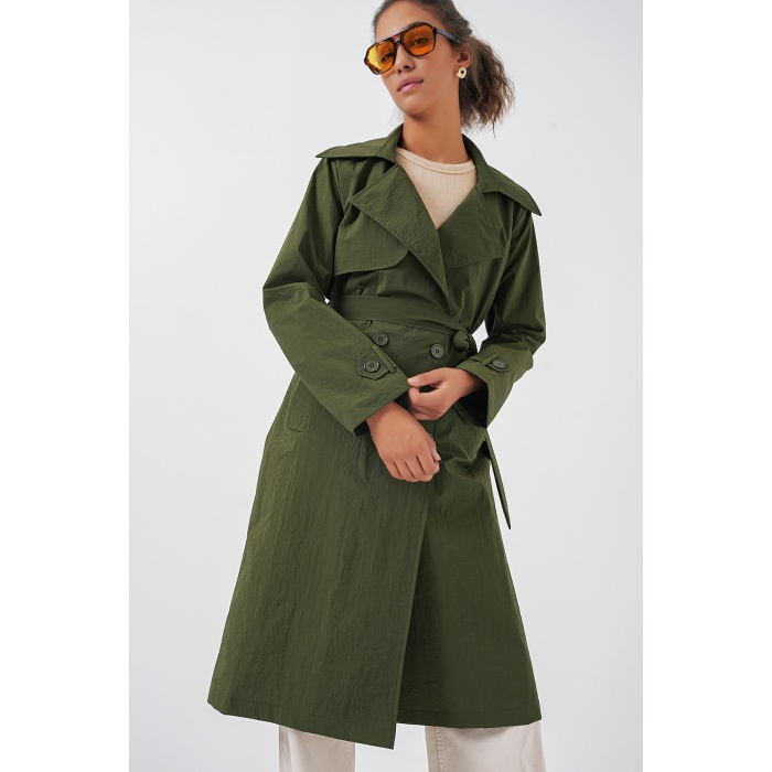 5938 Kruvaze Yaka Trençkot - Haki