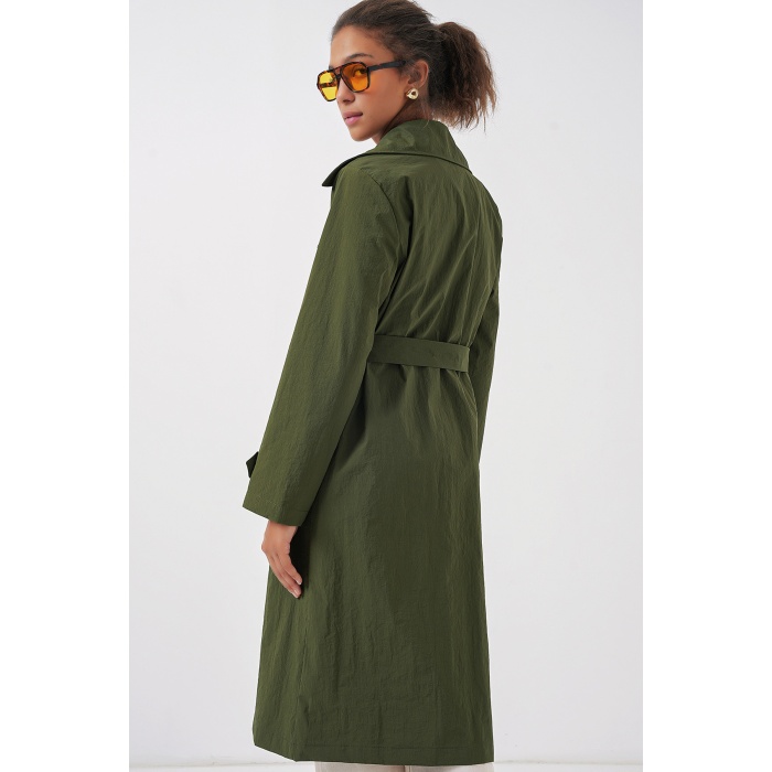 5938 Kruvaze Yaka Trençkot - Haki