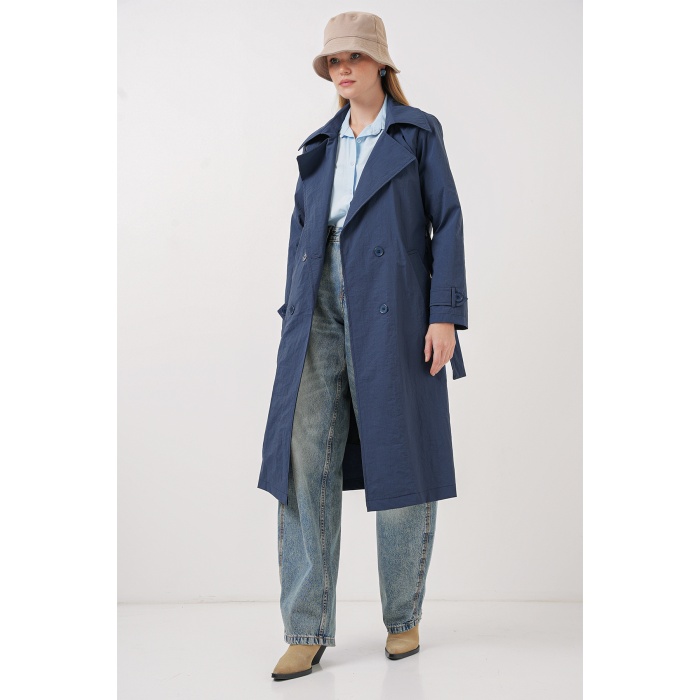 5938 Kruvaze Yaka Trençkot - Lacivert
