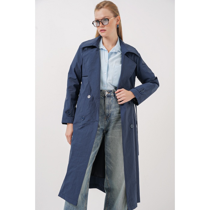 5938 Kruvaze Yaka Trençkot - Lacivert