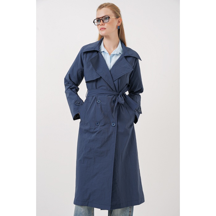 5938 Kruvaze Yaka Trençkot - Lacivert