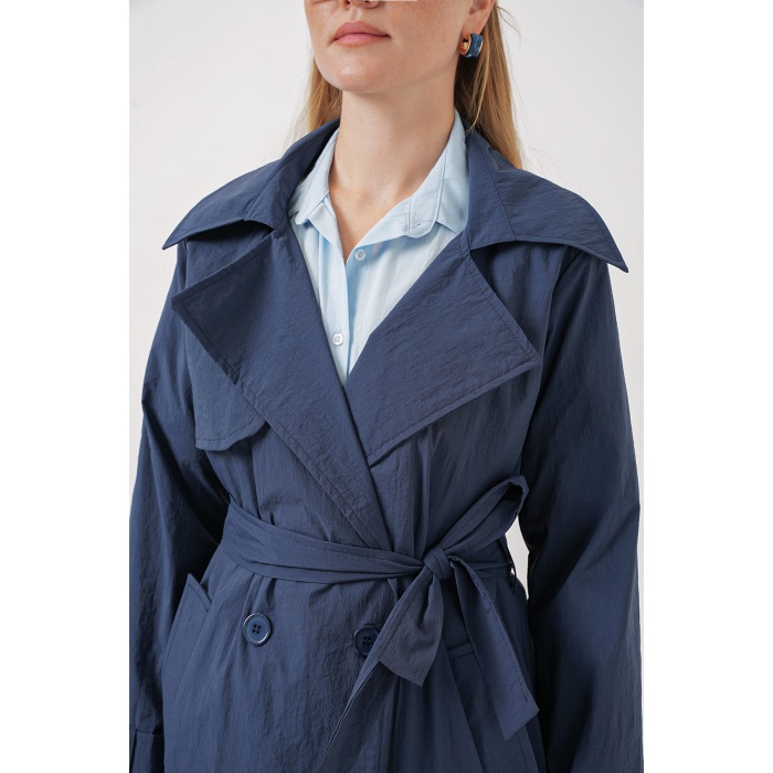 5938 Kruvaze Yaka Trençkot - Lacivert