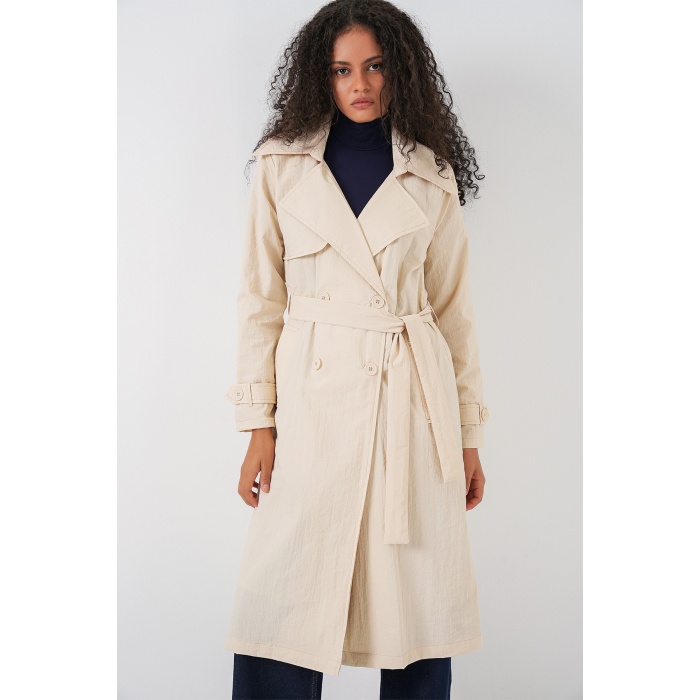 5938 Kruvaze Yaka Trençkot - Krem