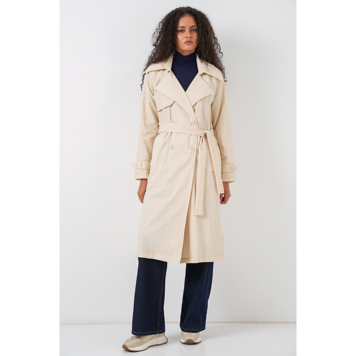 5938 Kruvaze Yaka Trençkot - Krem
