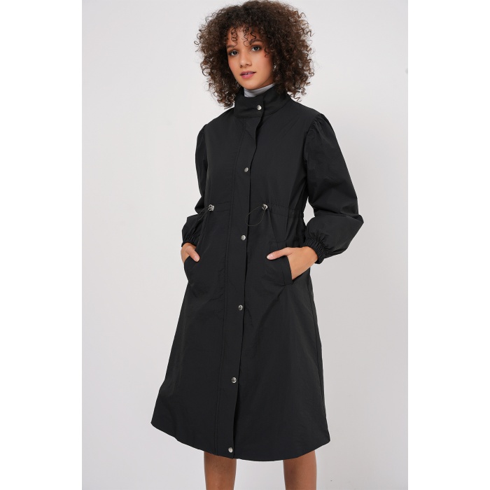 5939 Astarlı Uzun Trençkot - Siyah