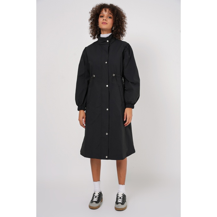 5939 Astarlı Uzun Trençkot - Siyah