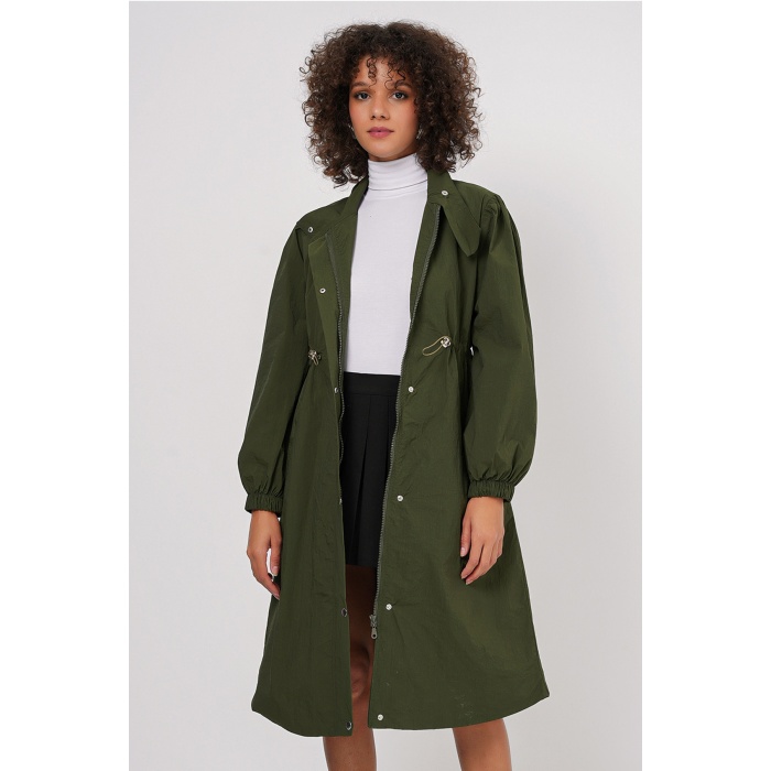 5939 Astarlı Uzun Trençkot - Haki