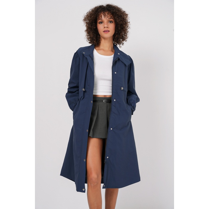 5939 Astarlı Uzun Trençkot - Lacivert