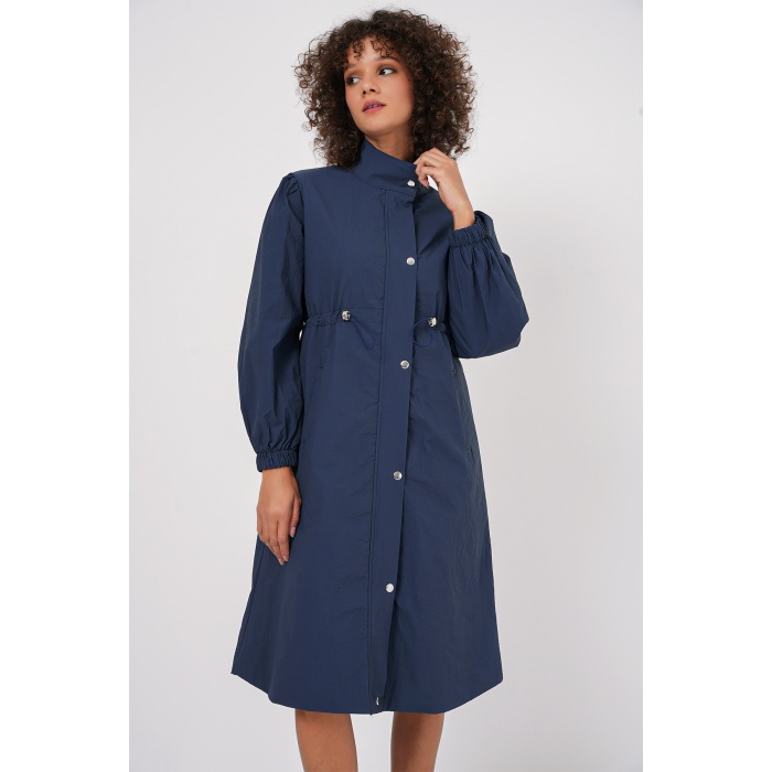 5939 Astarlı Uzun Trençkot - Lacivert