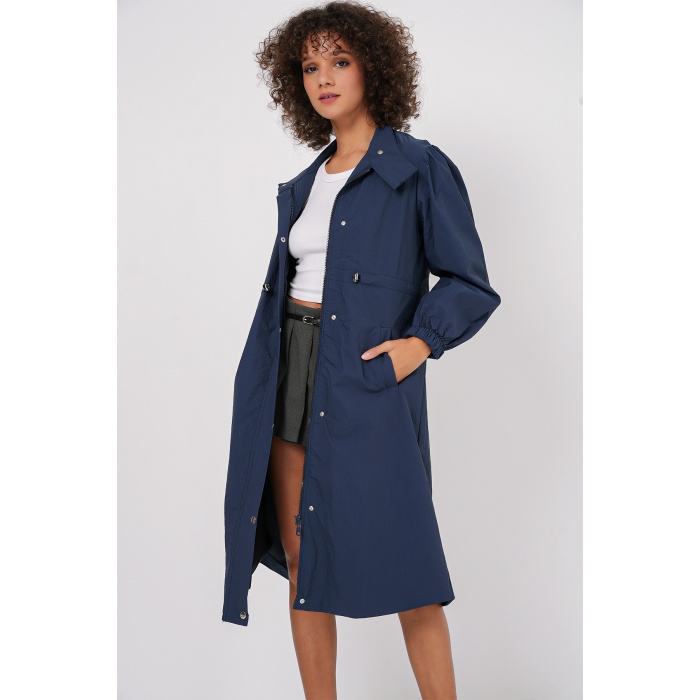 5939 Astarlı Uzun Trençkot - Lacivert