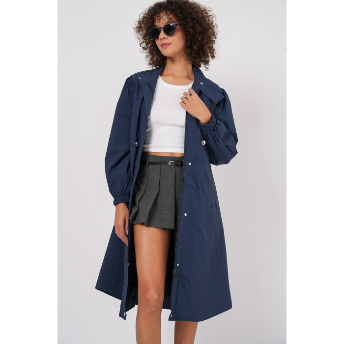 5939 Astarlı Uzun Trençkot - Lacivert