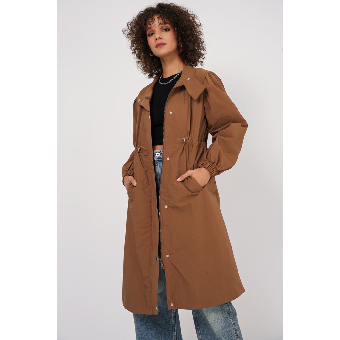 5939 Astarlı Uzun Trençkot - Taba