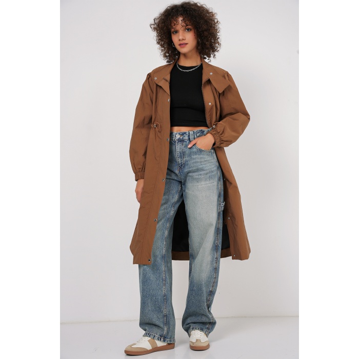 5939 Astarlı Uzun Trençkot - Taba