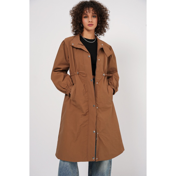 5939 Astarlı Uzun Trençkot - Taba