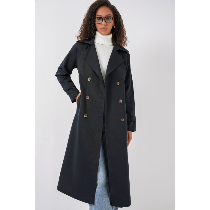 5940 Kadın Kruvaze Yaka Uzun Trençkot - Lacivert